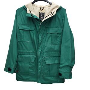 VTG 70s Altra Hooded Rain Utility Field Jacket Mens Medium Green Beige Pockets